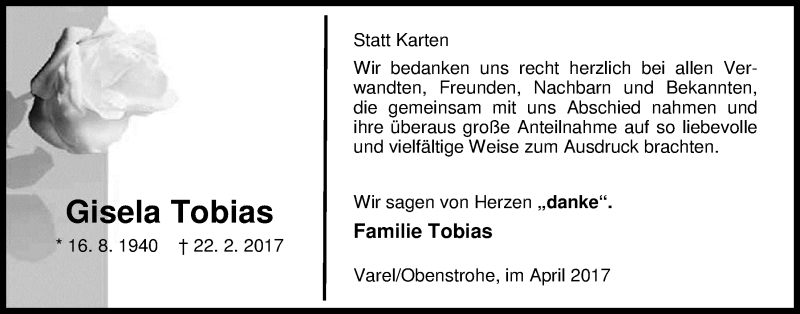  Traueranzeige für Gisela Tobias vom 04.04.2017 aus Nordwest-Zeitung