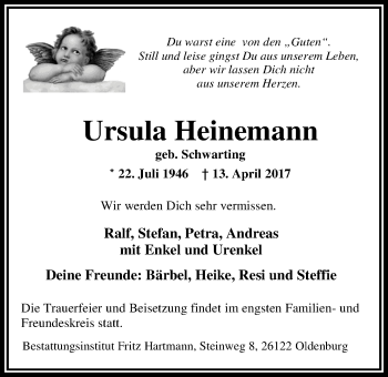 Traueranzeige von Ursula Heinemann von Nordwest-Zeitung