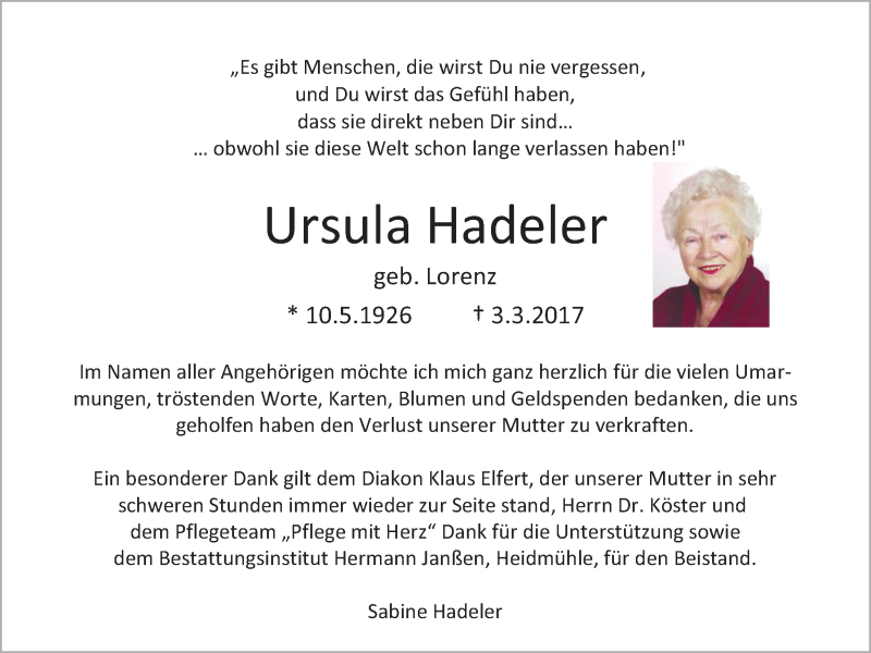  Traueranzeige für Ursula Hadeler vom 01.04.2017 aus Nordwest-Zeitung