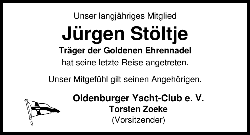  Traueranzeige für Jürgen Georg Stöltje vom 20.04.2017 aus Nordwest-Zeitung