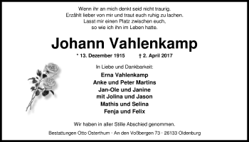 Traueranzeige von Johann Vahlenkamp von Nordwest-Zeitung