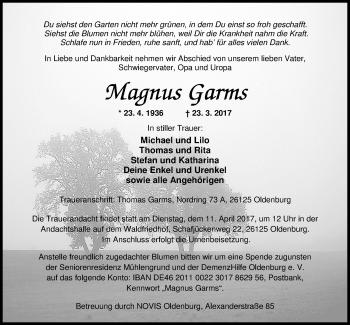 Traueranzeige von Magnus Garms von Nordwest-Zeitung