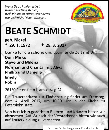 Traueranzeige von Beate Schmidt von Nordwest-Zeitung