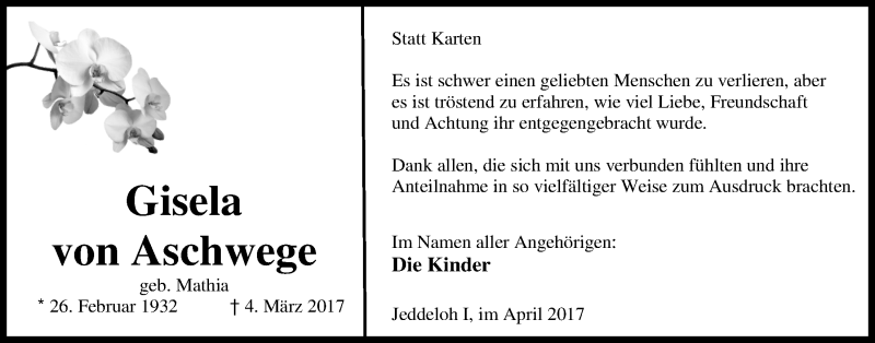  Traueranzeige für Gisela  von Aschwege vom 18.04.2017 aus Nordwest-Zeitung