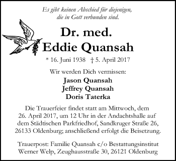 Traueranzeige von Eddie Quansah von Nordwest-Zeitung