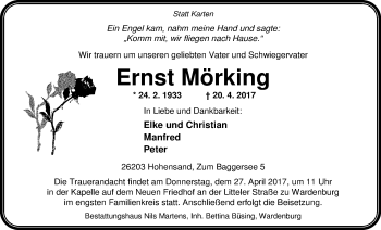 Traueranzeige von Ernst Mörking von Nordwest-Zeitung