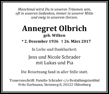 Traueranzeige von Annegret Olbrich von Nordwest-Zeitung