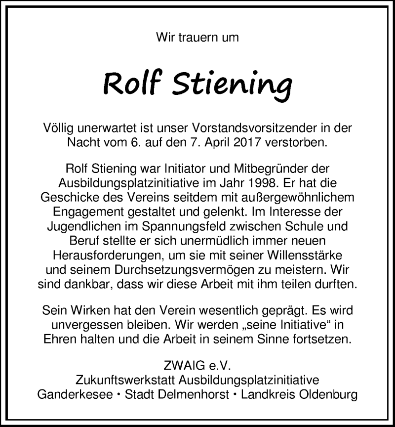  Traueranzeige für Rolf Stiening vom 15.04.2017 aus Nordwest-Zeitung