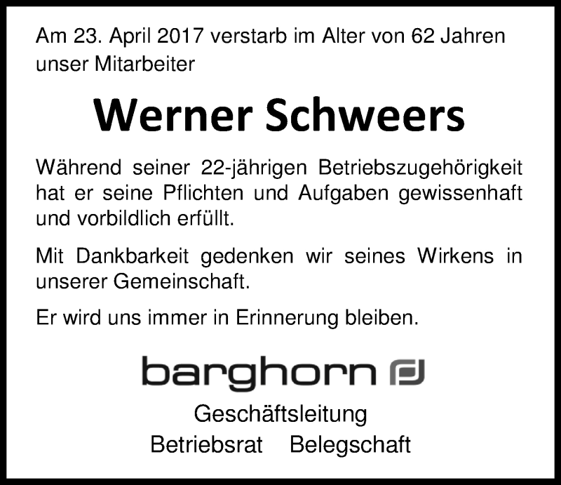  Traueranzeige für Werner Schweers vom 28.04.2017 aus Nordwest-Zeitung