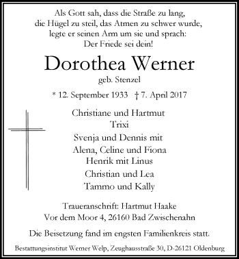 Traueranzeige von Dorothea Werner von Nordwest-Zeitung