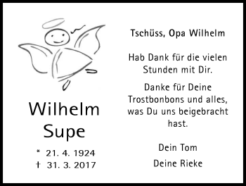 Traueranzeige von Wilhelm Supe von Nordwest-Zeitung