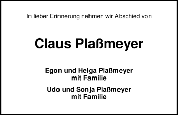 Traueranzeige von Claus Plaßmeyer von Nordwest-Zeitung