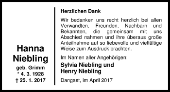 Traueranzeige von Hanna Niebling von Nordwest-Zeitung
