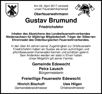 Traueranzeige von Gustav Brumund von Nordwest-Zeitung