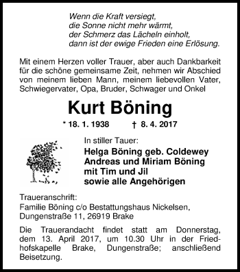 Traueranzeige von Kurt Böning von Nordwest-Zeitung