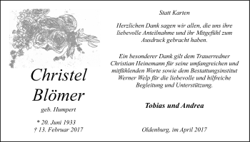 Traueranzeige von Christel Blömer von Nordwest-Zeitung
