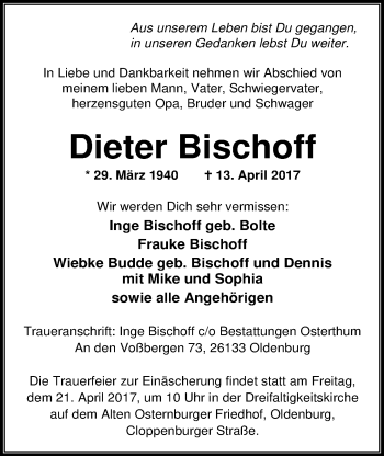 Traueranzeige von Dieter Bischoff von Nordwest-Zeitung