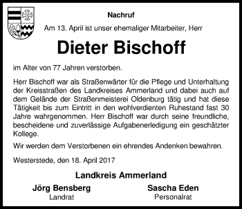 Traueranzeige von Dieter Bischoff von Nordwest-Zeitung