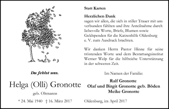 Traueranzeige von Helga Gronotte von Nordwest-Zeitung