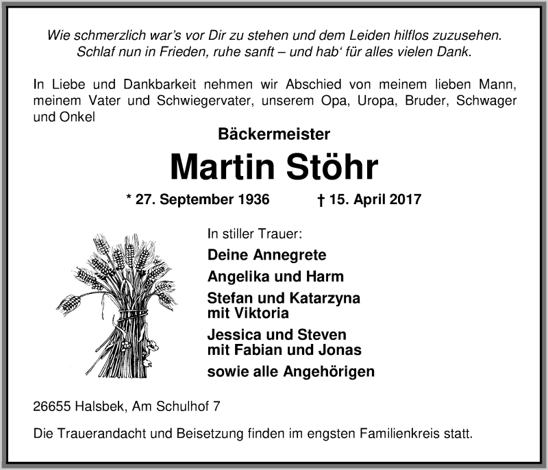  Traueranzeige für Martin Stöhr vom 18.04.2017 aus Nordwest-Zeitung