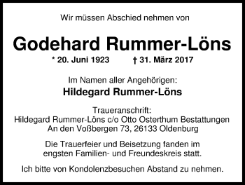 Traueranzeige von Godehard Rummer-Löns von Nordwest-Zeitung