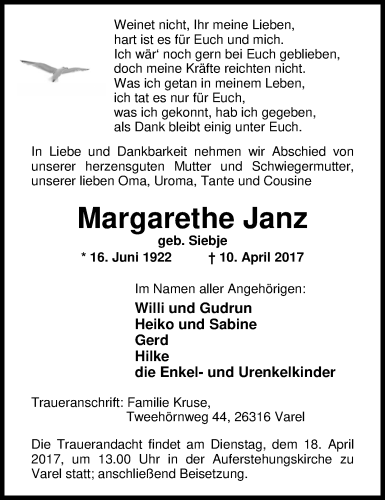  Traueranzeige für Margarethe Janz vom 13.04.2017 aus Nordwest-Zeitung