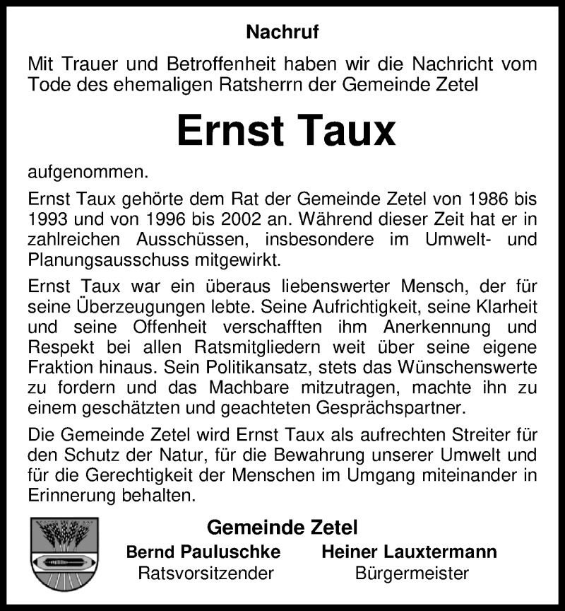  Traueranzeige für Ernst Taux vom 12.04.2017 aus Nordwest-Zeitung