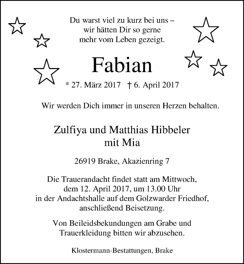  Traueranzeige für Fabian Hibbeler vom 08.04.2017 aus Nordwest-Zeitung