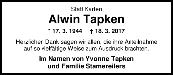 Traueranzeige von Alwin Tapken von Nordwest-Zeitung