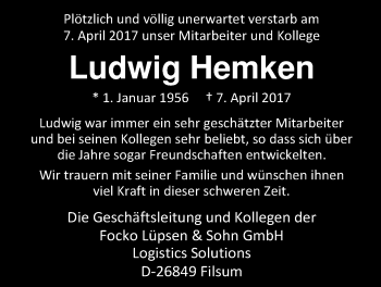 Traueranzeige von Ludwig Hemken von Nordwest-Zeitung