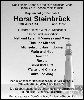 Traueranzeige von Horst Steinbrück von Nordwest-Zeitung