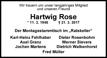 Traueranzeige von Hartwig Rose von Nordwest-Zeitung