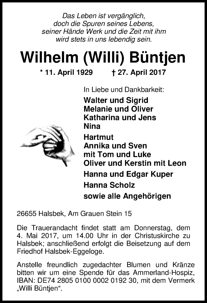  Traueranzeige für Wilhelm Büntjen vom 29.04.2017 aus Nordwest-Zeitung