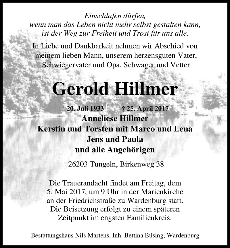 Traueranzeige für Gerold Hillmer vom 29.04.2017 aus Nordwest-Zeitung