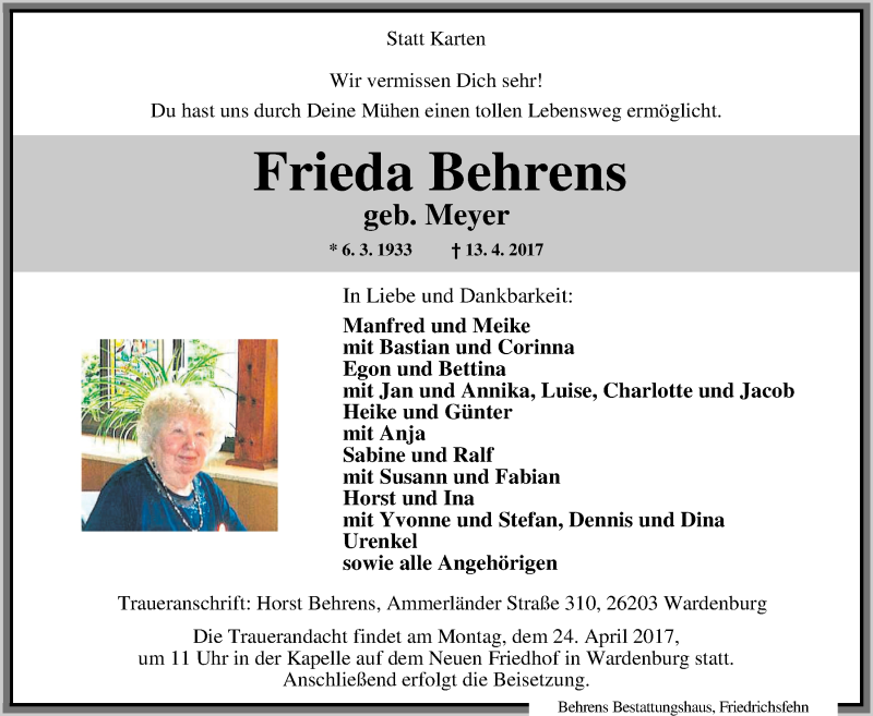  Traueranzeige für Frieda Behrens vom 19.04.2017 aus Nordwest-Zeitung