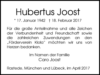 Traueranzeige von Hubertus Joost von Nordwest-Zeitung