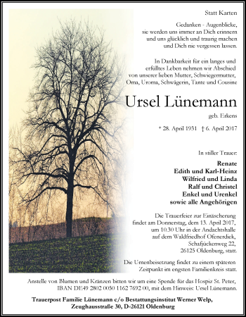 Traueranzeige von Ursel Lünemann von Nordwest-Zeitung