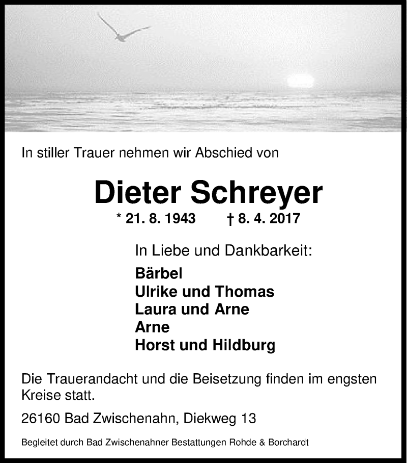  Traueranzeige für Dieter Schreyer vom 12.04.2017 aus Nordwest-Zeitung