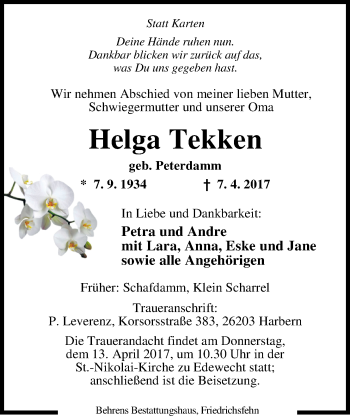 Traueranzeige von Helga Tekken von Nordwest-Zeitung