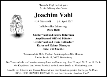 Traueranzeige von Joachim Vahl von Nordwest-Zeitung