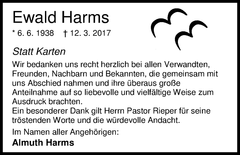  Traueranzeige für Ewald Harms vom 28.04.2017 aus Nordwest-Zeitung