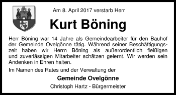 Traueranzeige von Kurt Böning von Nordwest-Zeitung