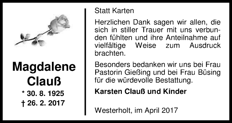  Traueranzeige für Magdalene Clauß vom 01.04.2017 aus Nordwest-Zeitung