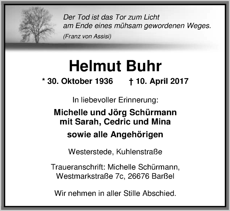  Traueranzeige für Helmut Buhr vom 13.04.2017 aus Nordwest-Zeitung