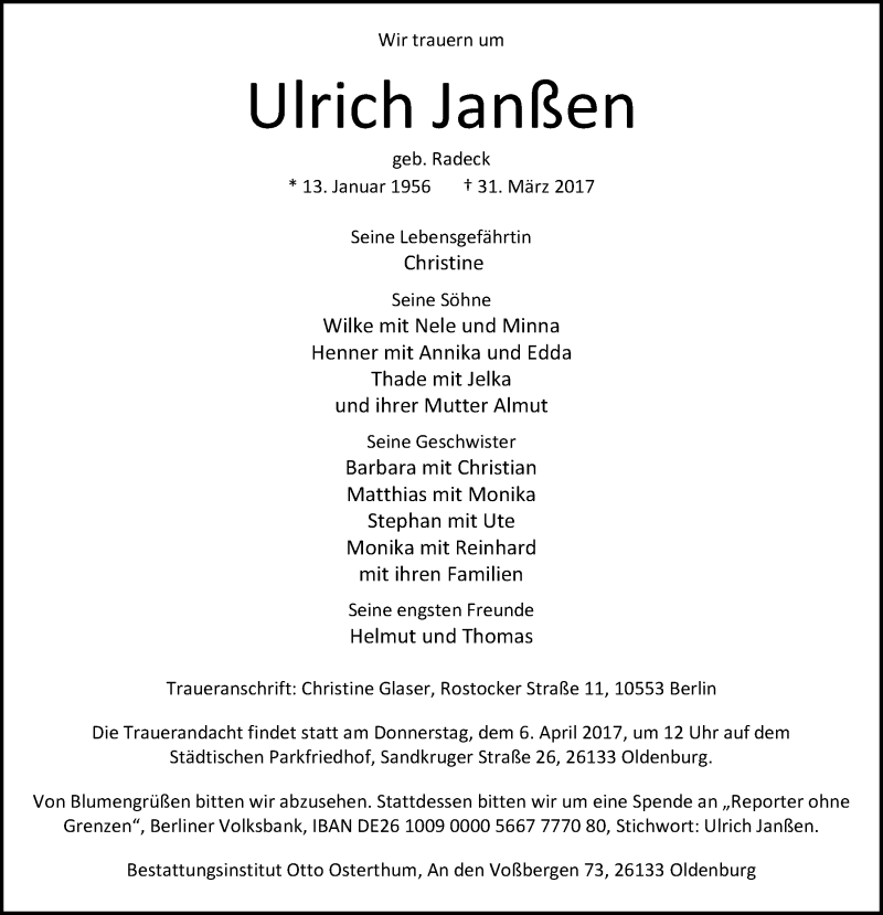  Traueranzeige für Ulrich Janßen vom 04.04.2017 aus NWZ