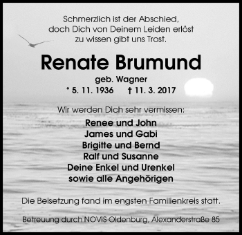 Traueranzeige von Renate Brumund von Nordwest-Zeitung