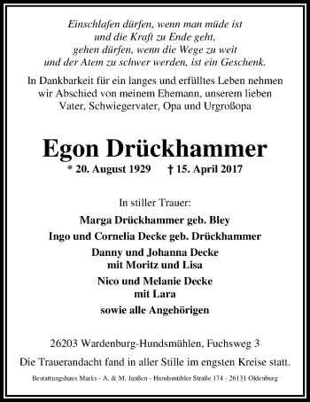 Traueranzeige von Egon Drückhammer von Nordwest-Zeitung