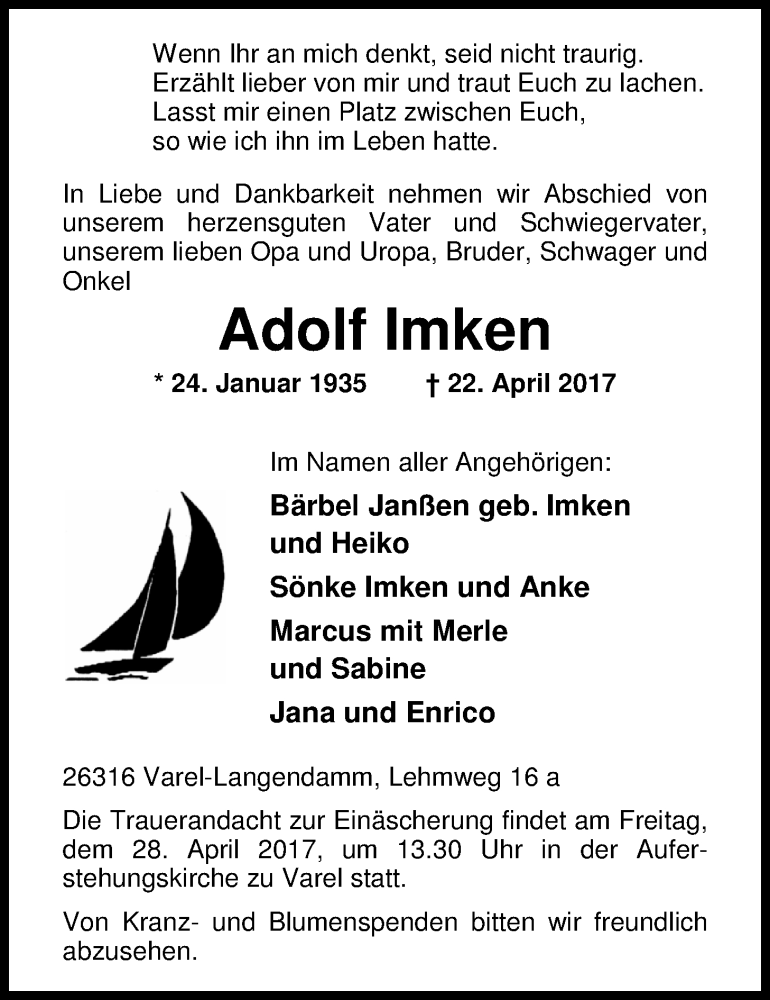  Traueranzeige für Adolf Imken vom 25.04.2017 aus Nordwest-Zeitung