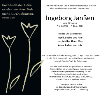 Traueranzeige von Ingeborg Janßen von Nordwest-Zeitung