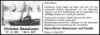 Traueranzeige von Christian Basshusen von Nordwest-Zeitung
